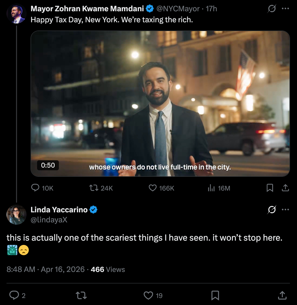 Linda Yaccarino replies to a Zohran Mamdani tweet to say that taxing rich people's penthouses is "actually one of the scariest things I have ever seen"