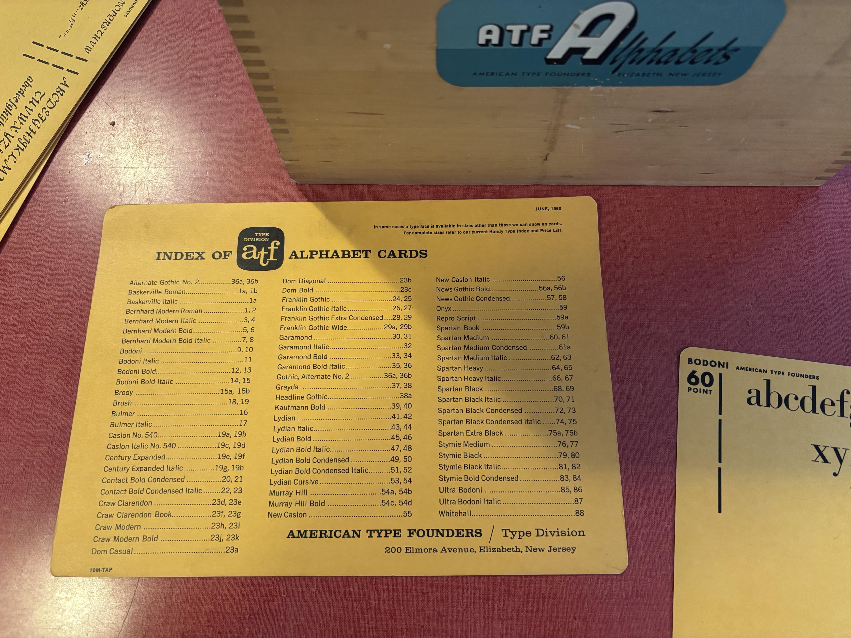 Index of ATF Alphabet Cards next to the specimen box