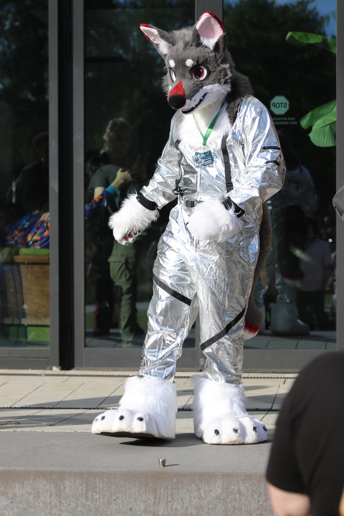 Full-length portrait of the same fursuiter, standing to the side and dancing (carefully).