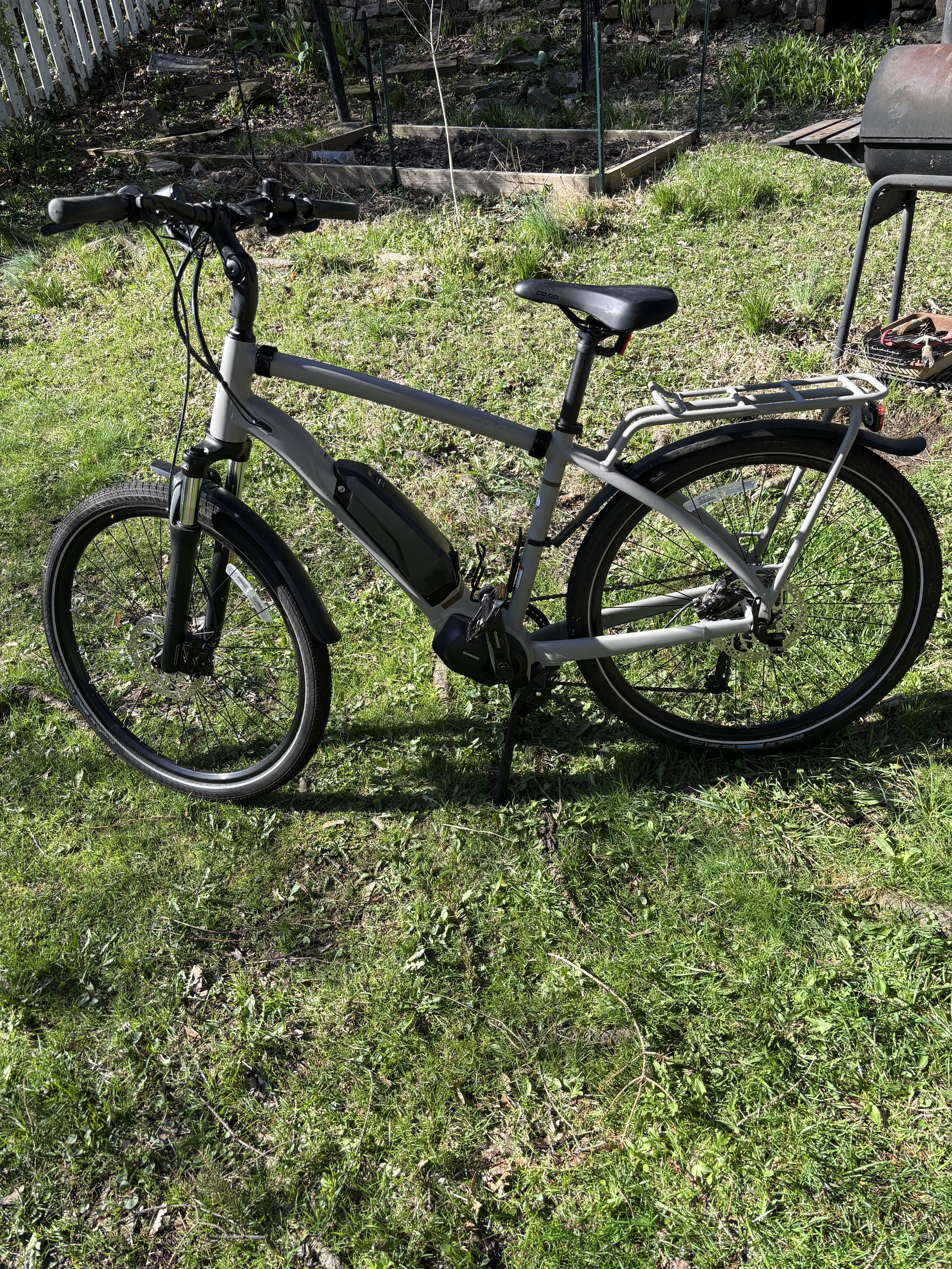 a dust-covered bike after being pulled out of the backyard shed.