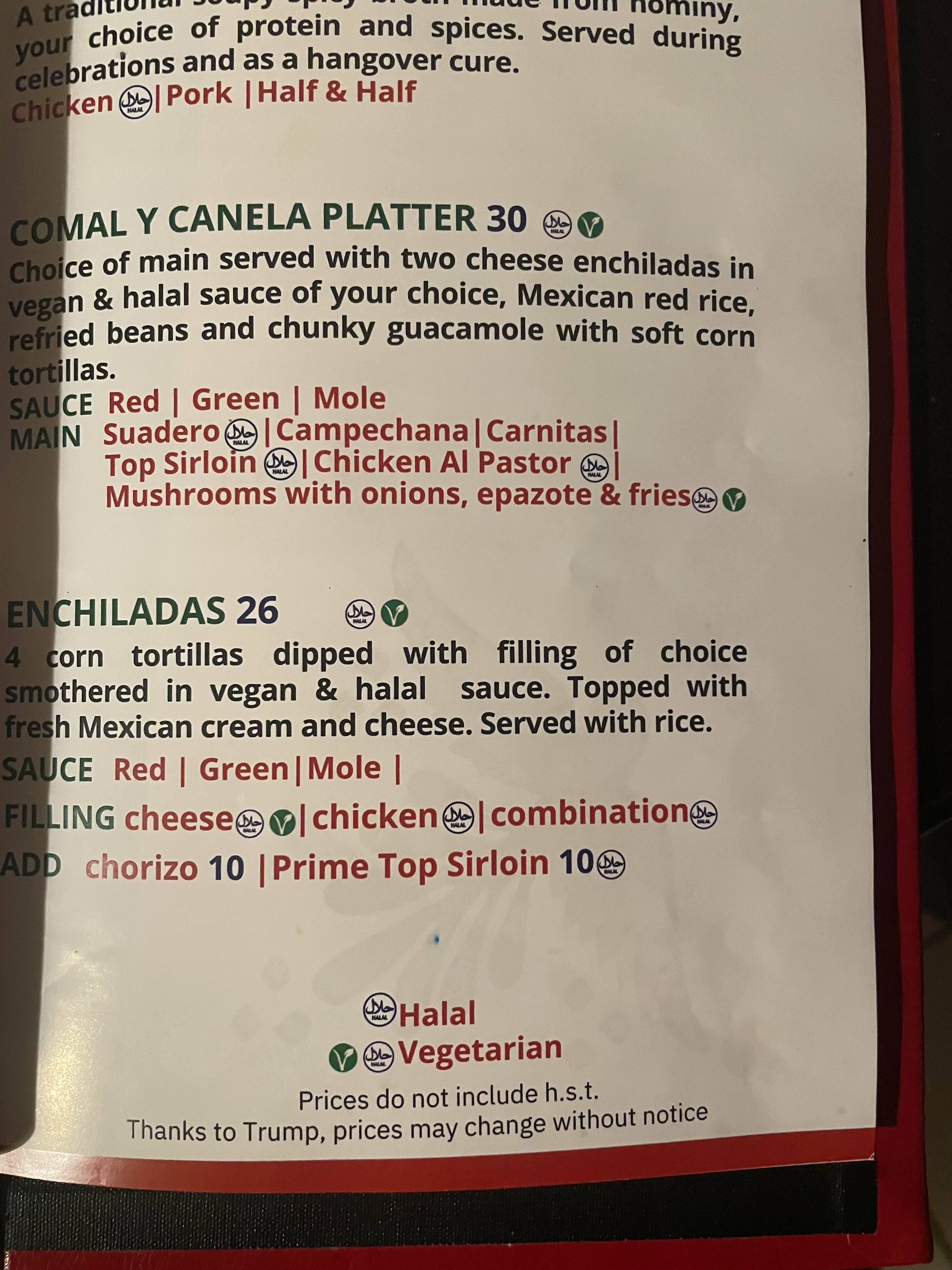 Caption at bottom of menu:  Thanks to Trump, prices may change without notice.