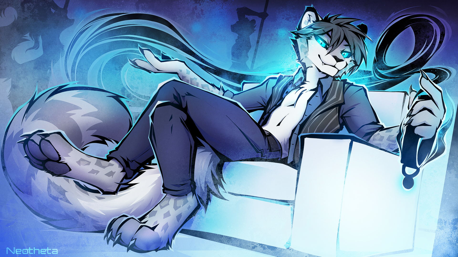Club owner snowleopard is sitting menacingly on a white chair offering a collar made out of swirly shadows.