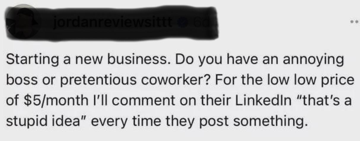 Starting a new business. Do you have an annoying boss or pretentious coworker? For the low price of $5/month I’ll comment on their LinkedIn “that’s a stupid idea” every time they post something.