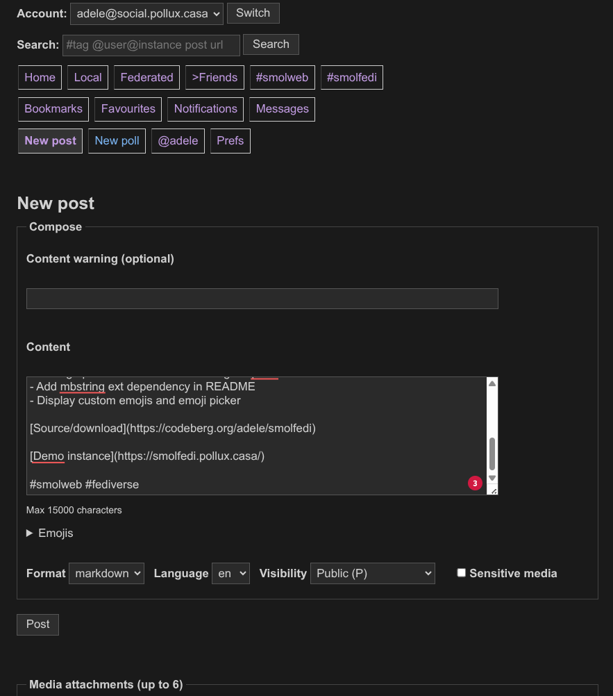 Screenshot of SmolFedi compose page
