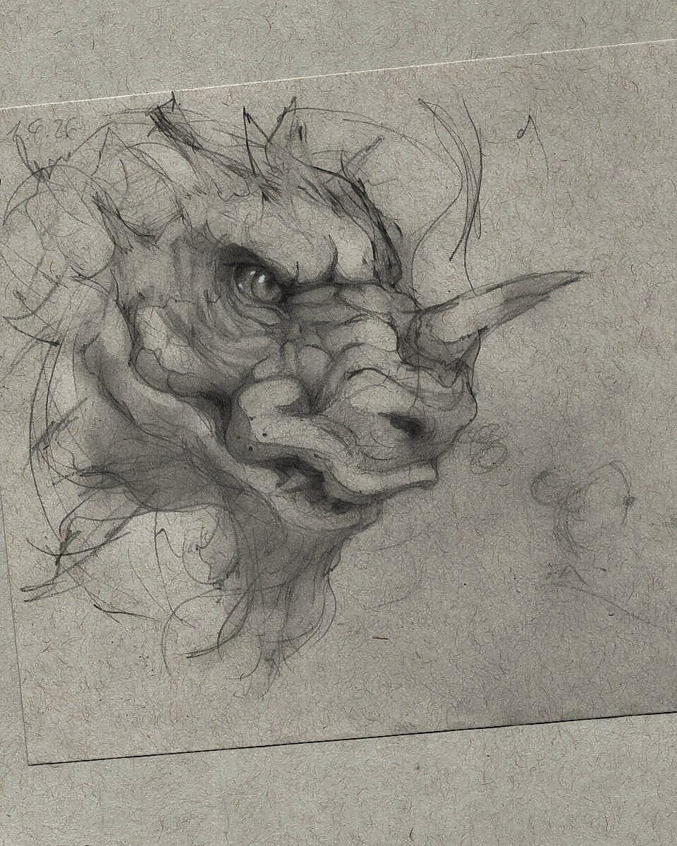 Pencil Portrait of a Dragon with a evil grin and a horn on its nose.