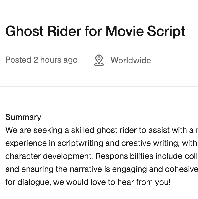 Online help-wanted ad titled "Ghost Rider for Movie Script"
