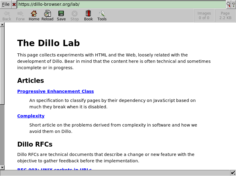 Screenshot of Dillo loading the Dillo Lab page.