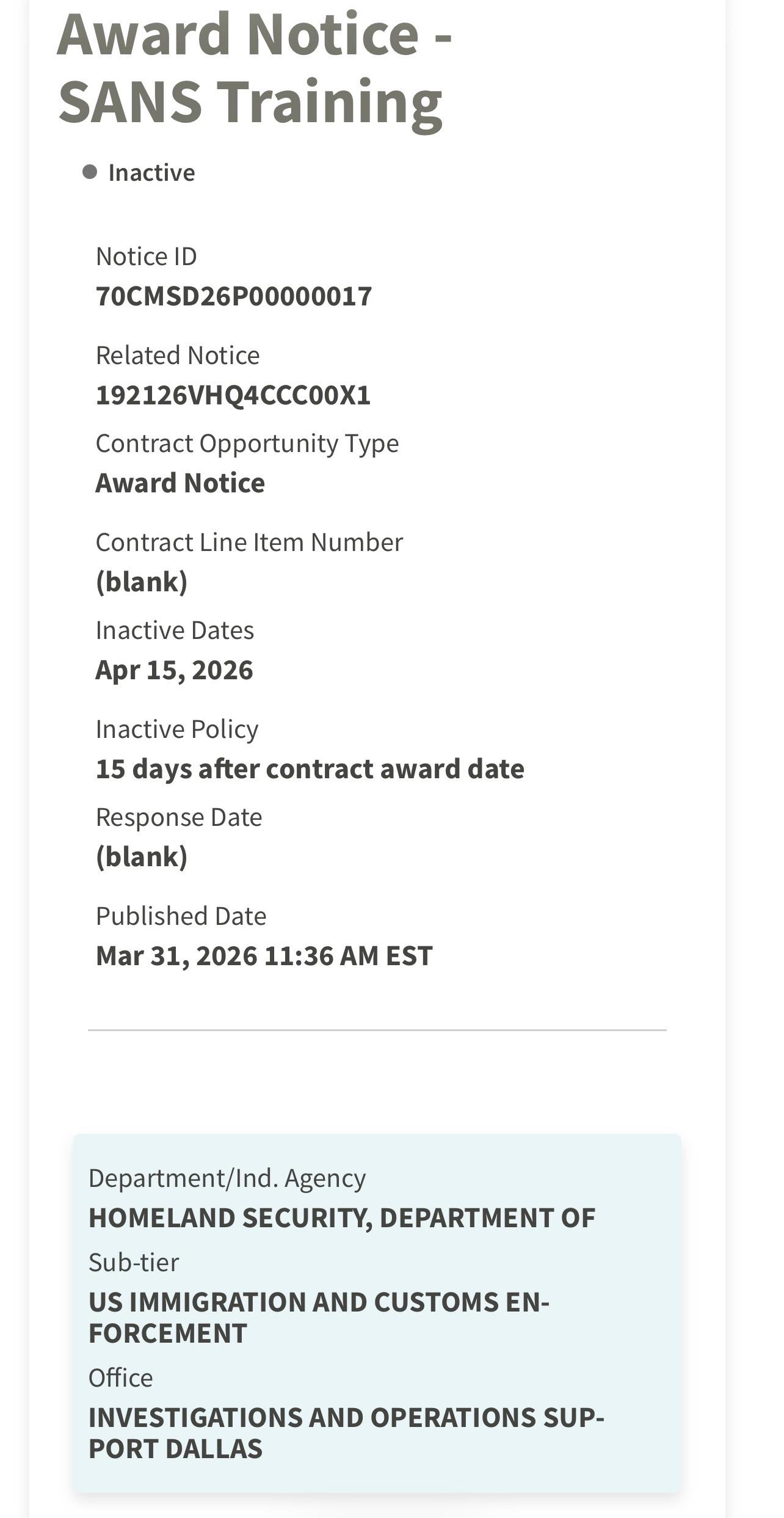 Notification of SANS Training for US Immigration and Customs Enforcement