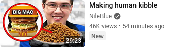 video card - making human kibble. he has a plate of dry cat food. there is a big mac in a circle for no reason.