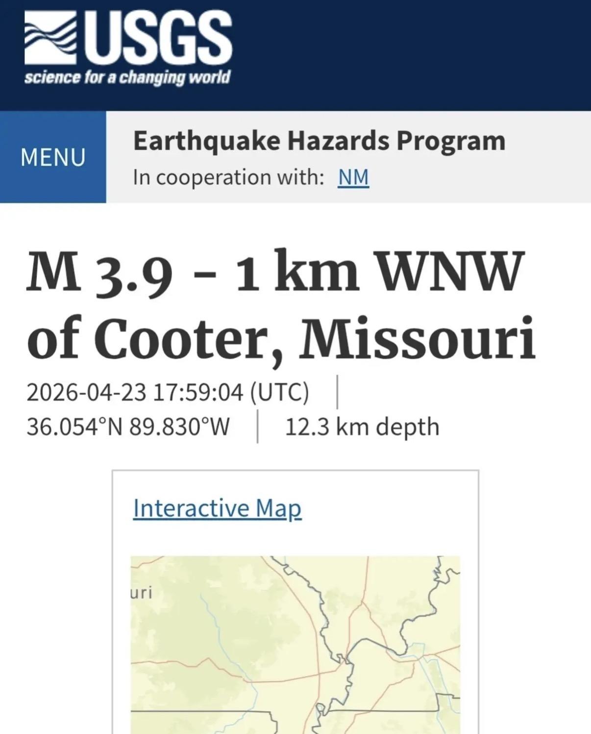 Screenshot from the USGS website showing a magnitude 3.9 earthquake near Cooter, Missouri.