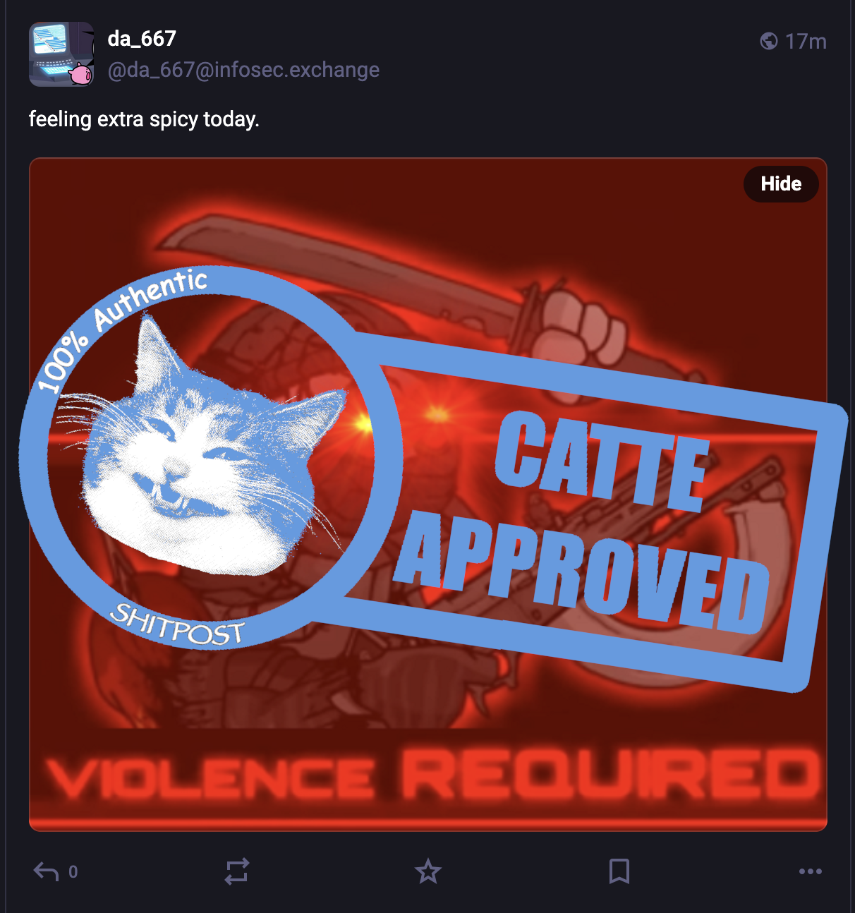 screenshot of the root post of this thread, with a blue "Catte Approved" stamp applied to it, slightly askew and positioned midway vertically.