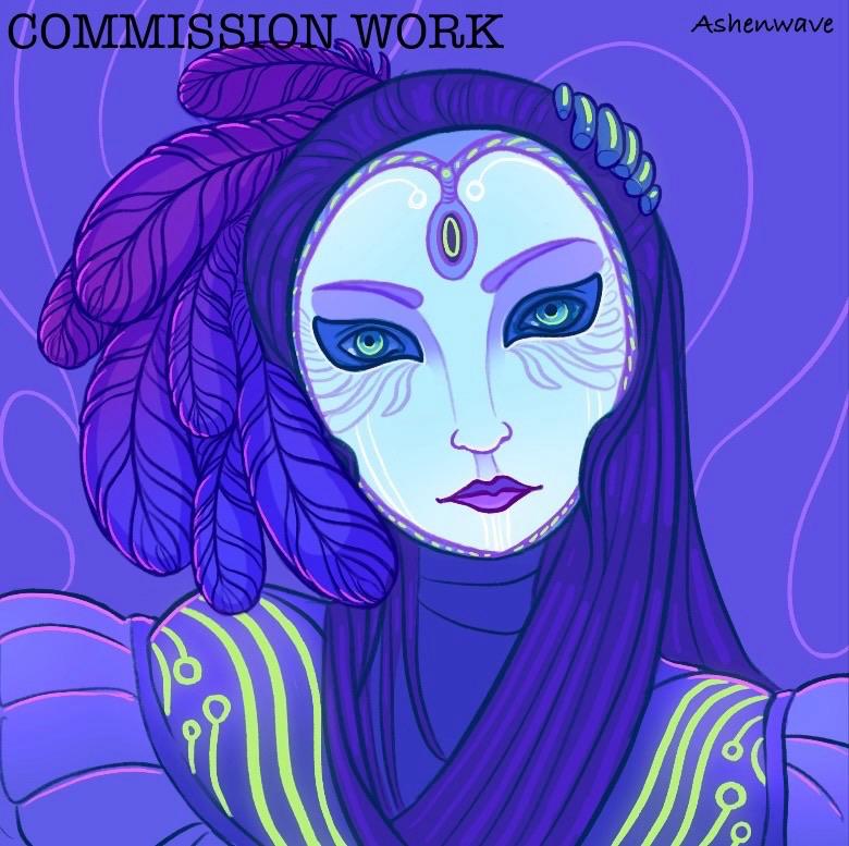 Illustration of a woman wearing a full face white mask, reminiscent of a venetian mask. Her hair is long and dark, decorated with purple feathers, her gaze is intense, eyes glowing faintly green. Her clothes glow with acid green circuits, interwoven with the threads.