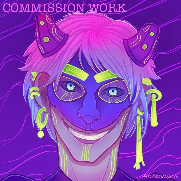 Illustration of a grinning young man with platinum hair and clear blue eyes. He is wearing a half mask with horns and a cyberpunk aesthetic. His eyes and multiple piercings glow an acid green color, powered by circuits that can be seen under his skin.