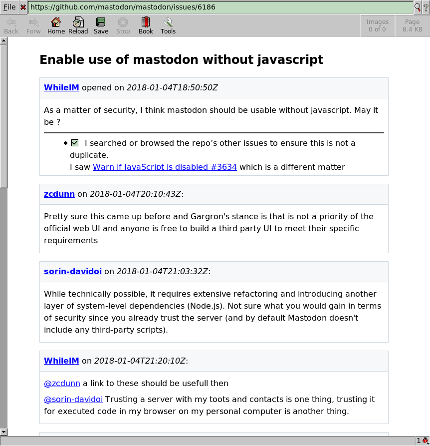 The same page shown in Dillo after being processed by the "Fix page" script, which now shows the rest of the comments.