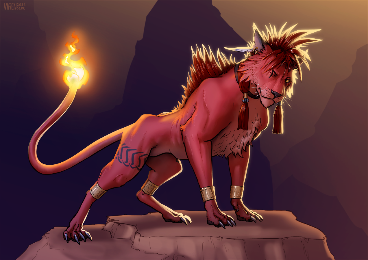 Digital art of Red XIII standing nobly on some rocks.