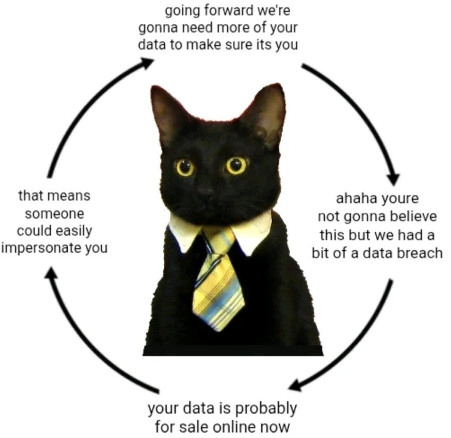 un chat au milieu, avec une cravate. en haut, le premier élément "going forward, we're gonna need more of your data to make sure it's you", qui flèche vers le second "ahahah you're not gonna believe this but we had a bit of a data breach", qui flèche vers " your data is probably for sale online now" qui flèche vers "that means someone could easily impersonate you" et qui flèche vers le premier élément
