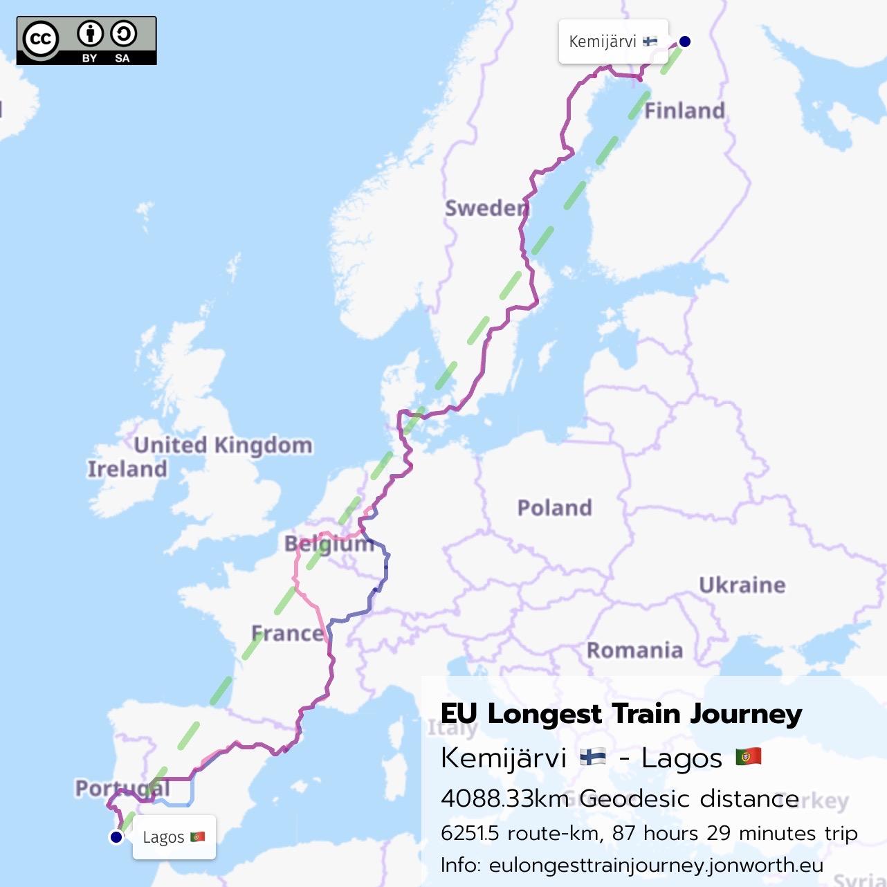 Map of the longest train journey in the EU