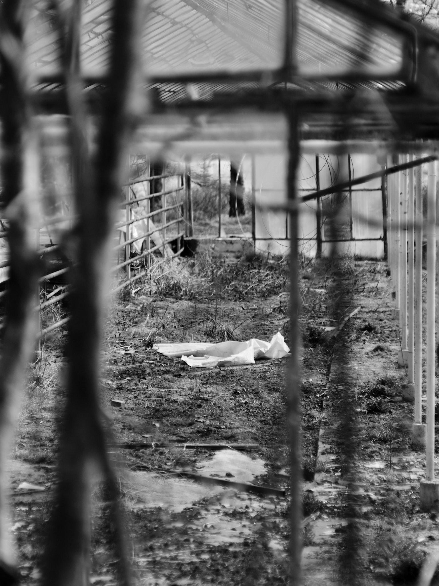 We see an abandoned tarp in the middle of a broken commercial greenhouse