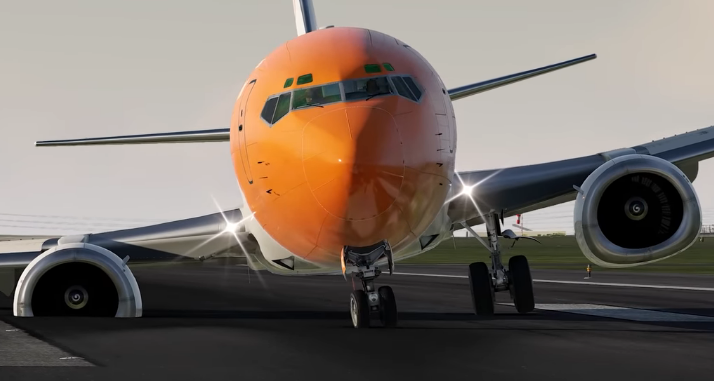 a plane on the runway, except it's tilted, one engine is a bit squished and the other appears to have noclipped into the runway (in the video, the turbines are still spinning)