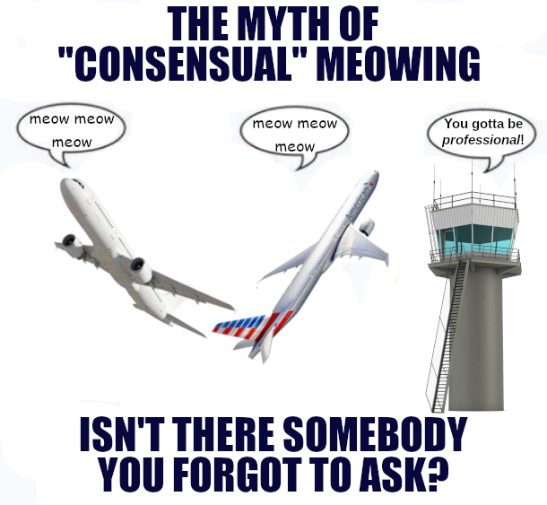 A parody of the "myth of consensual sex" meme. It reads as follows: THE MYTH OF "CONSENSUAL" MEOWING 2 commercial jet PNGs with speach bubbles saying "meow meow meow" in Comic Sans with the Air Traffic Control Tower saying "You gotta be professional!" in Liberation Sans. ISN'T THERE SOMEBODY YOU FORGOT TO ASK? (The caption text outside the speech bubbles are in the all caps Impact font)