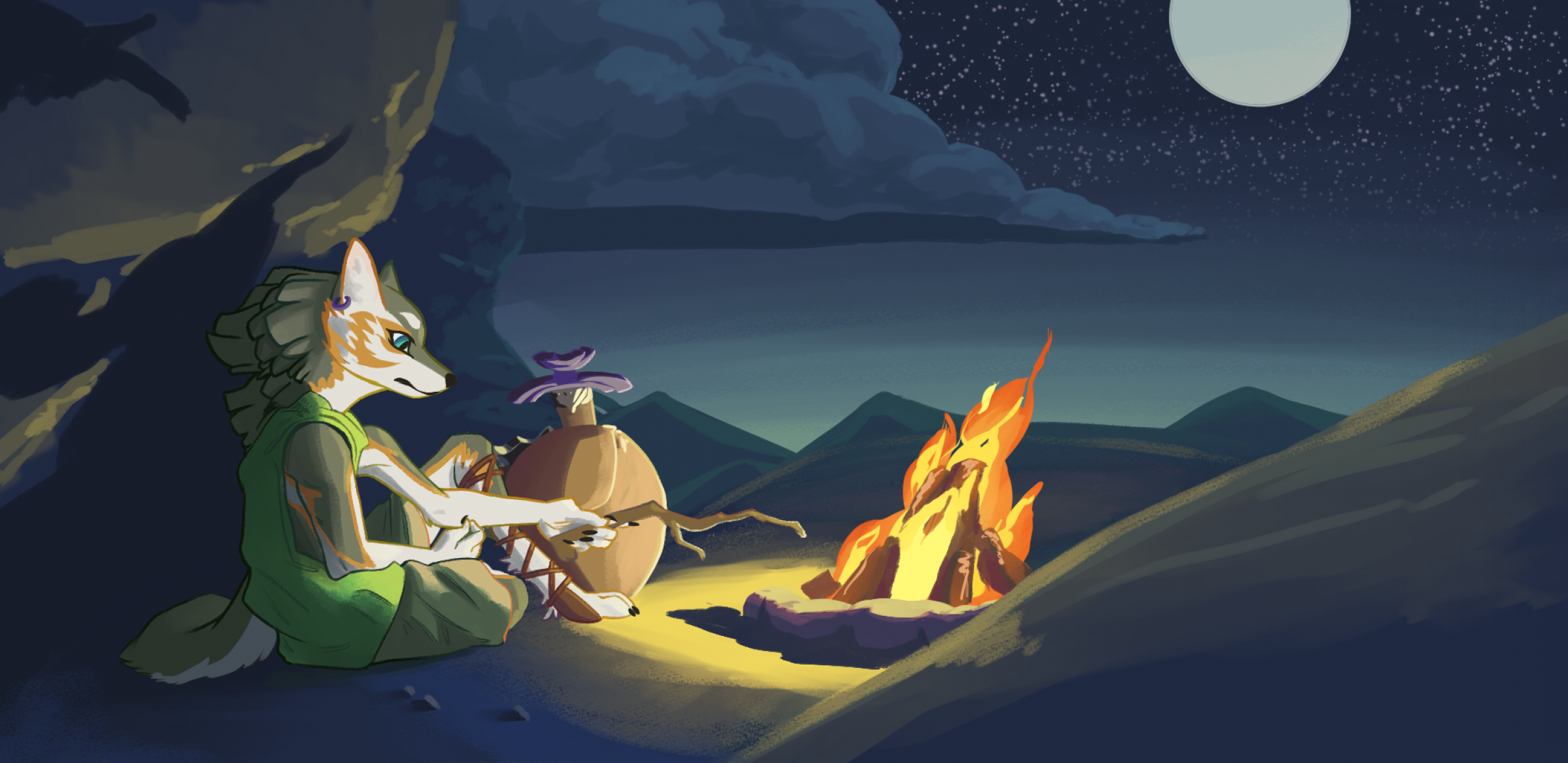 Wolf Link sitting at a fire and holding a stick up to poke at it. His gear is sitting to his side, and the moon hangs over the clear desert.