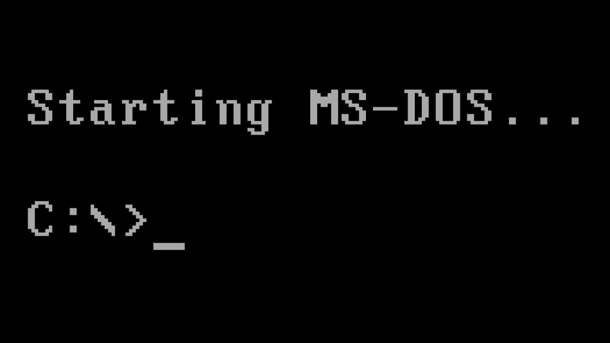 Black screen with white pixely letters saying "Starting MS-DOS... C:>_"