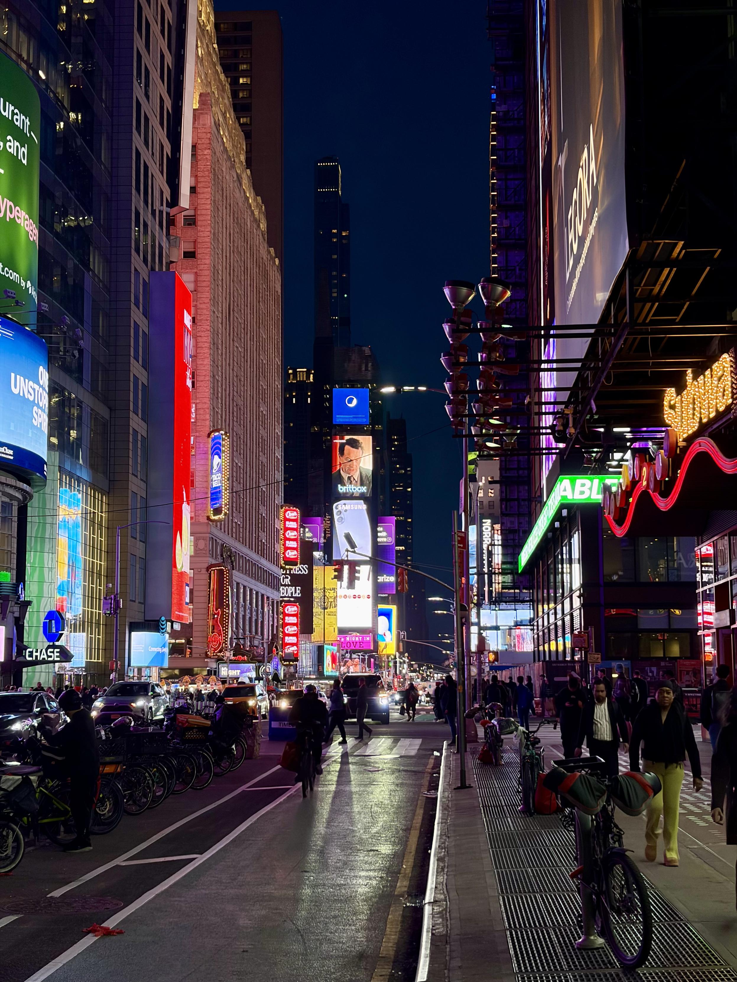 Night photo of Times Square.