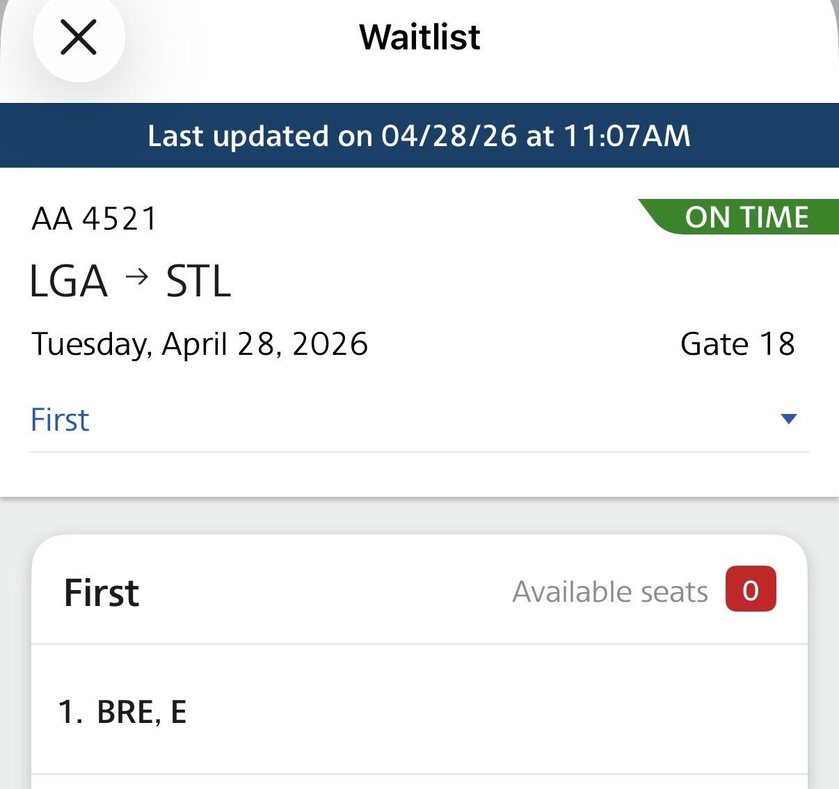 Screenshot of the upgrade list for my flight home, showing I’m the first person on the waitlist for an upgrade to first class, but zero remaining seats are available.