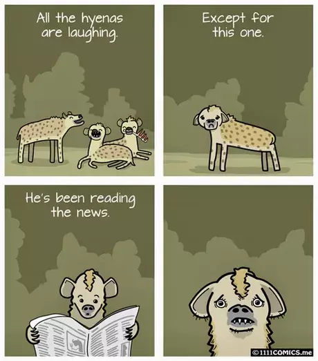 4 panels comics: All the hyenas are laughing. Except for this one. He's been reading the news