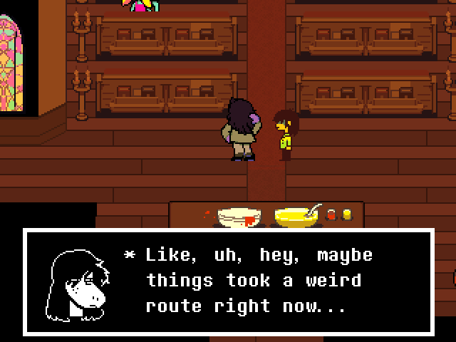 Screenshot from Deltarune. Susie telling Kris that things took a "weird route" after Noelle asks them to come to her house in the church in Chapter 4.