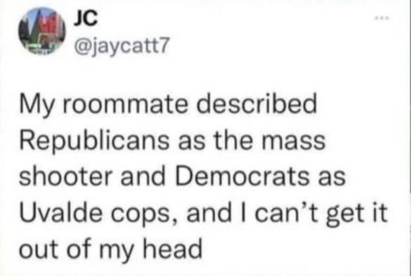 My roommate described Republicans as the mass shooter and Democrats as Uvalde cops, and I can't get it out of my head