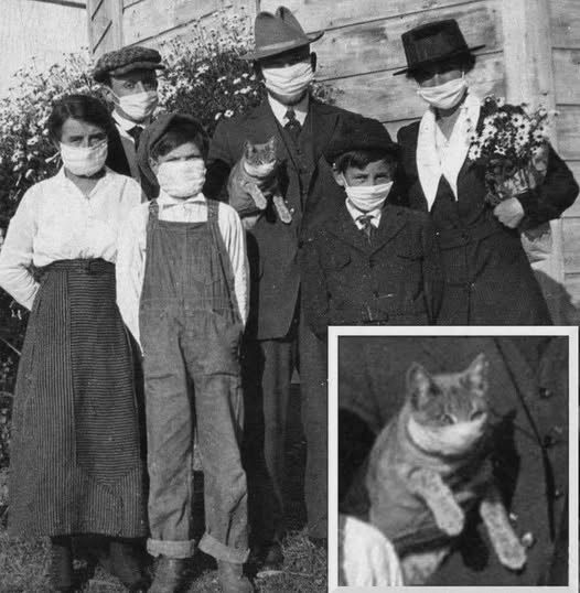 A masked family with 4 kids, the cat is included and also wearing a mask.