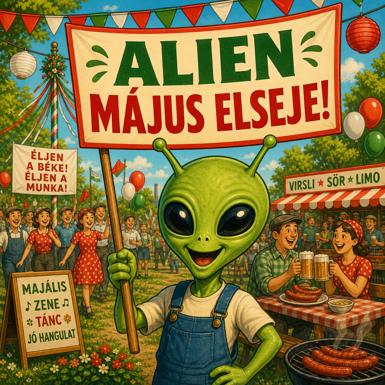 AI-generated alien image marks May Day with Hungarian wordplay