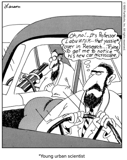 A scientist envies another driver's car microscope