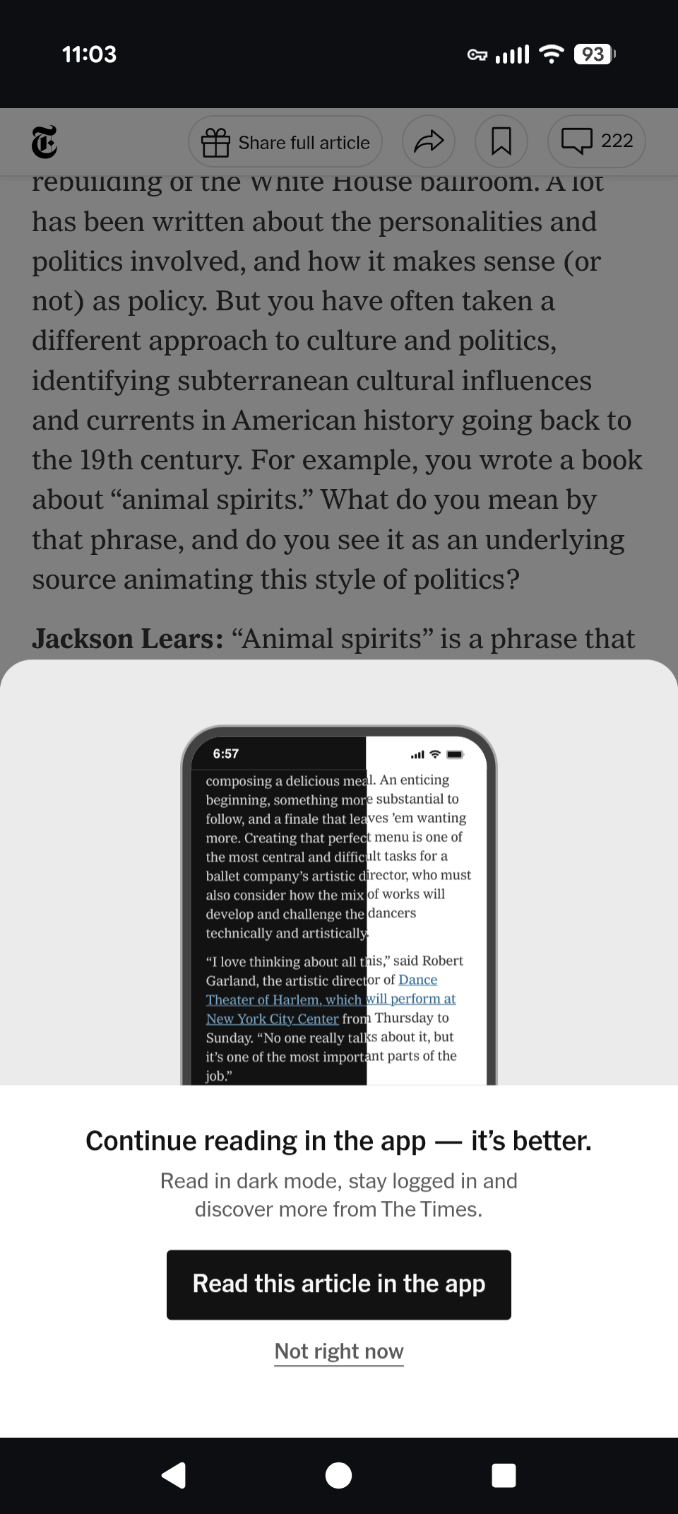 The NYT website placing a full page banner over top to advertise their web development skills are now so shitty that they cant even figure our CSS dark mode or PWA installation.