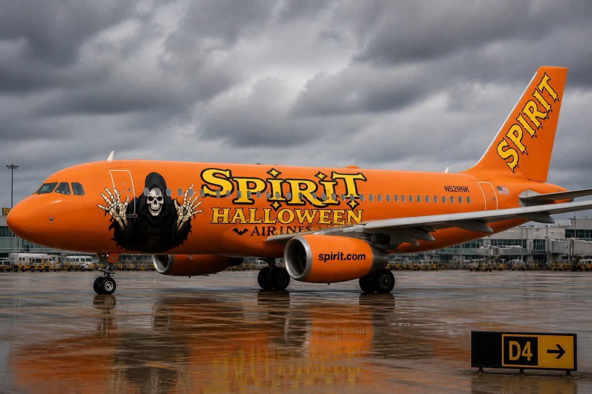 This image features a large passenger airplane, specifically an Airbus A320, parked on a wet airport tarmac under a heavy, overcast sky. The plane is painted in a vibrant, monochromatic orange livery that parodies both Spirit Airlines and the seasonal retailer Spirit Halloween. Here are the notable details:  * Custom Livery: The fuselage prominently displays the "Spirit Halloween" logo, complete with the iconic grim reaper mascot near the front of the aircraft. The tail and engines also feature "Spirit" branding in the retailer’s signature font.  * The Setting: The ground is slick with rain, reflecting the orange hue of the plane. In the background, airport service vehicles and terminal gates are visible, along with a yellow "D4" directional sign in the foreground.  * The Joke: The image is a popular internet meme or digital edit. It plays on the "Spirit Halloween" reputation for quickly taking over vacant commercial spaces (like empty big-box stores) by imagining them taking over a struggling airline. The tail number visible, N529NK, actually belongs to a real Spirit Airlines plane, which adds a layer of realism to the edit.