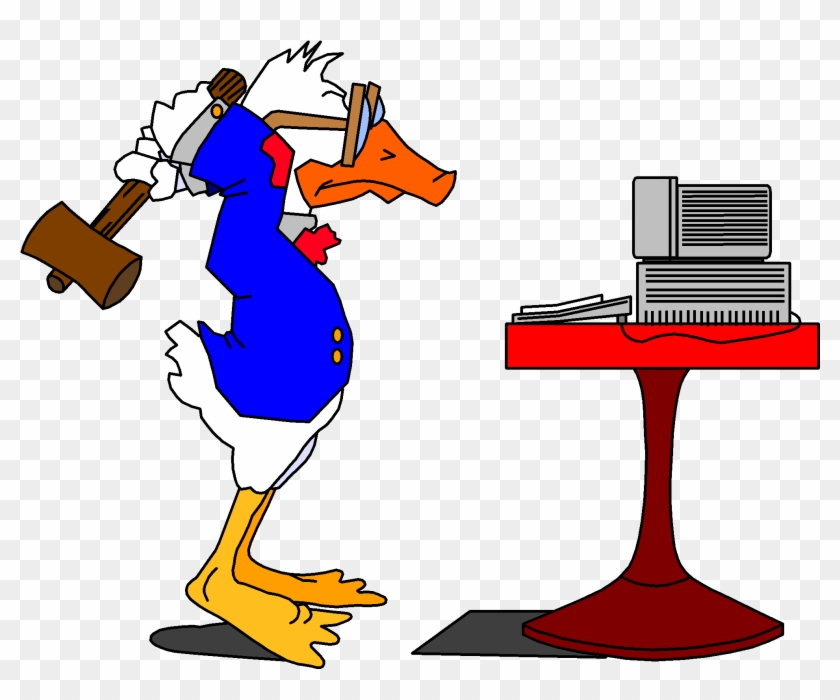a duck, wearing glasses, a blue coat, and a red bow tie, on tip-toe and about to swing a large mallet over it's head to smash a keybaord in front of an old fashioned "IBM-PC clone" on a table