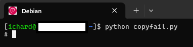 A WSL terminal window. The user has run the proof-of-concept copyfail exploit script and immediately got a root prompt.