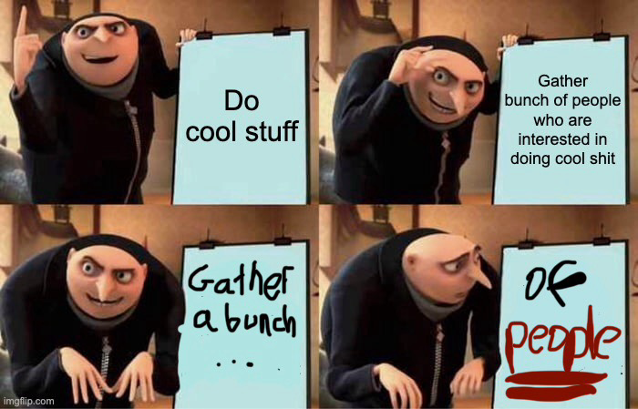 The same too cool stuffed comic, but the last two panels have been edited so that he is looking disappointed at the prospect of “gather a bunch of people”