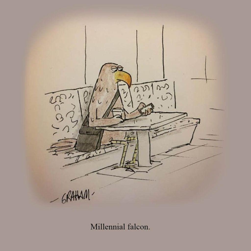 A cartoon illustration of a large falcon sitting at a cafe table checking its phone while holding a to go coffee. Caption reads "Millennial falcon."