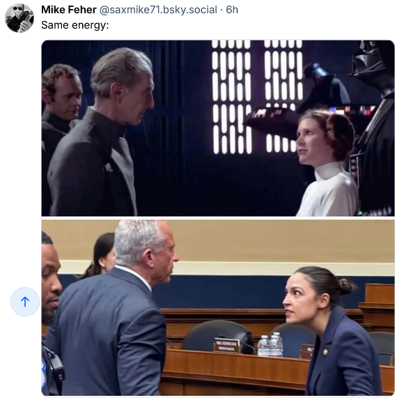 Mike Feher on Bsky says "Same energy:" On the top, that imperial officer that Vader chokes later on is harassing Leia, and she's looking at him totally unimpressed. On the bottom, AOC is giving the most WTF look humanly possible to RFK Jr on the floor of the House