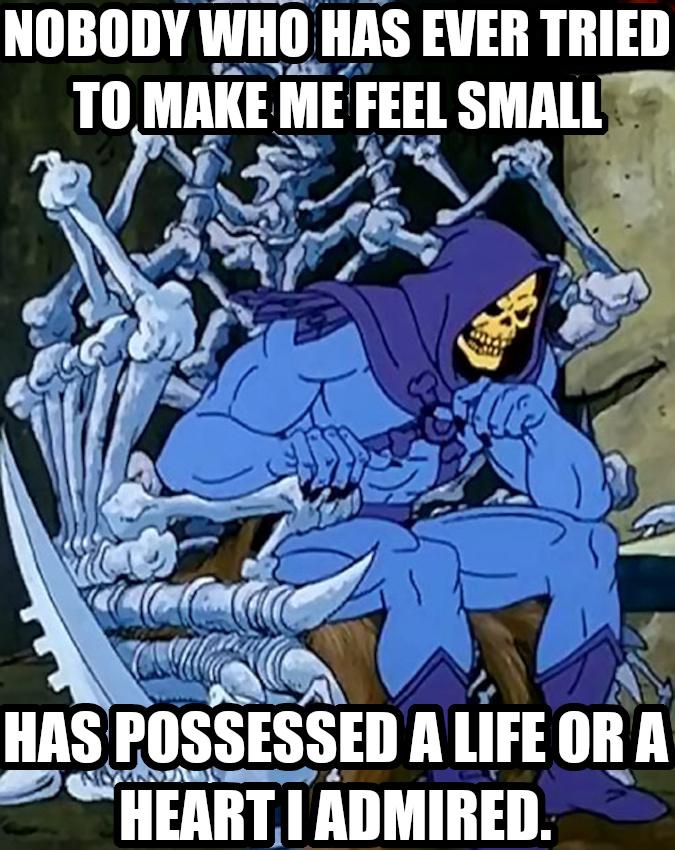 Nobody who has ever tried to make me feel small has possessed a life or a heart I admired. Says Skeletor thinking sometimes you can just stop at “possessed a heart”.