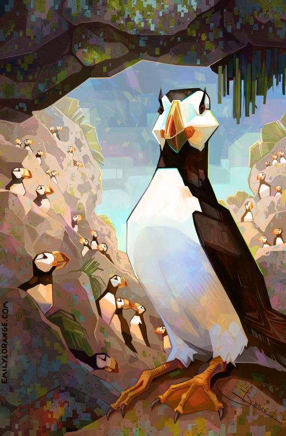 a digital painting featuring puffins. One takes up most of the right side of the image, facing the viewer, with a proud white belly and black back, webbed orange feet, a triangular orange bill, and fancy eyelashes. He stands on a rock specked with lichen. Behind him there are tiered cliff faces, each level containing more and more puffins, all of whom seem to be judging the viewer.