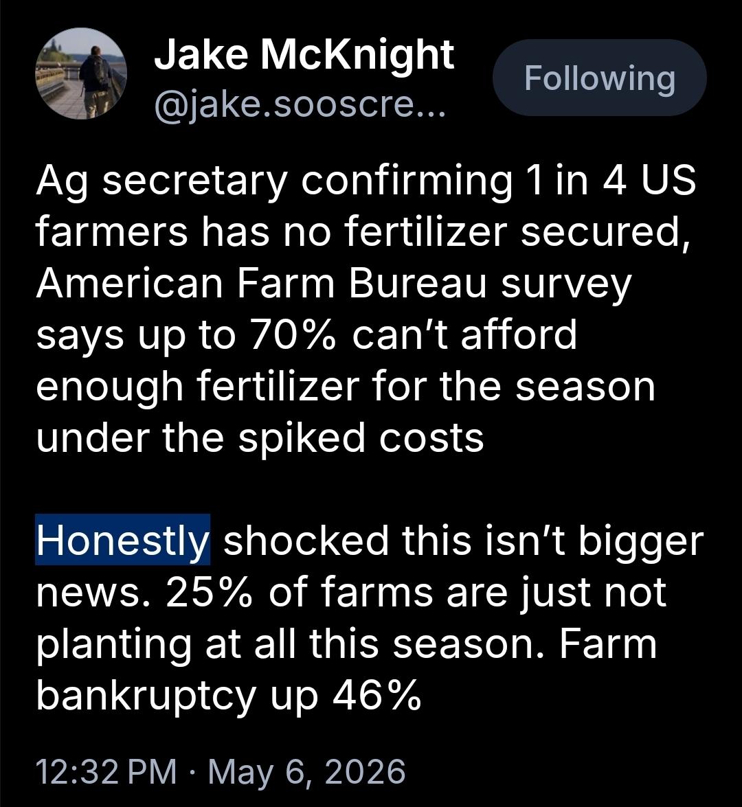Ag secretary confirming 1 in 4 US farmers has no fertilizer secured, American Farm Bureau survey says up to 70% can't afford enough fertilizer for the season under the spiked costs Honestly shocked this isn't bigger news. 25% of farms are just not planting at all this season. Farm bankruptcy up 46%