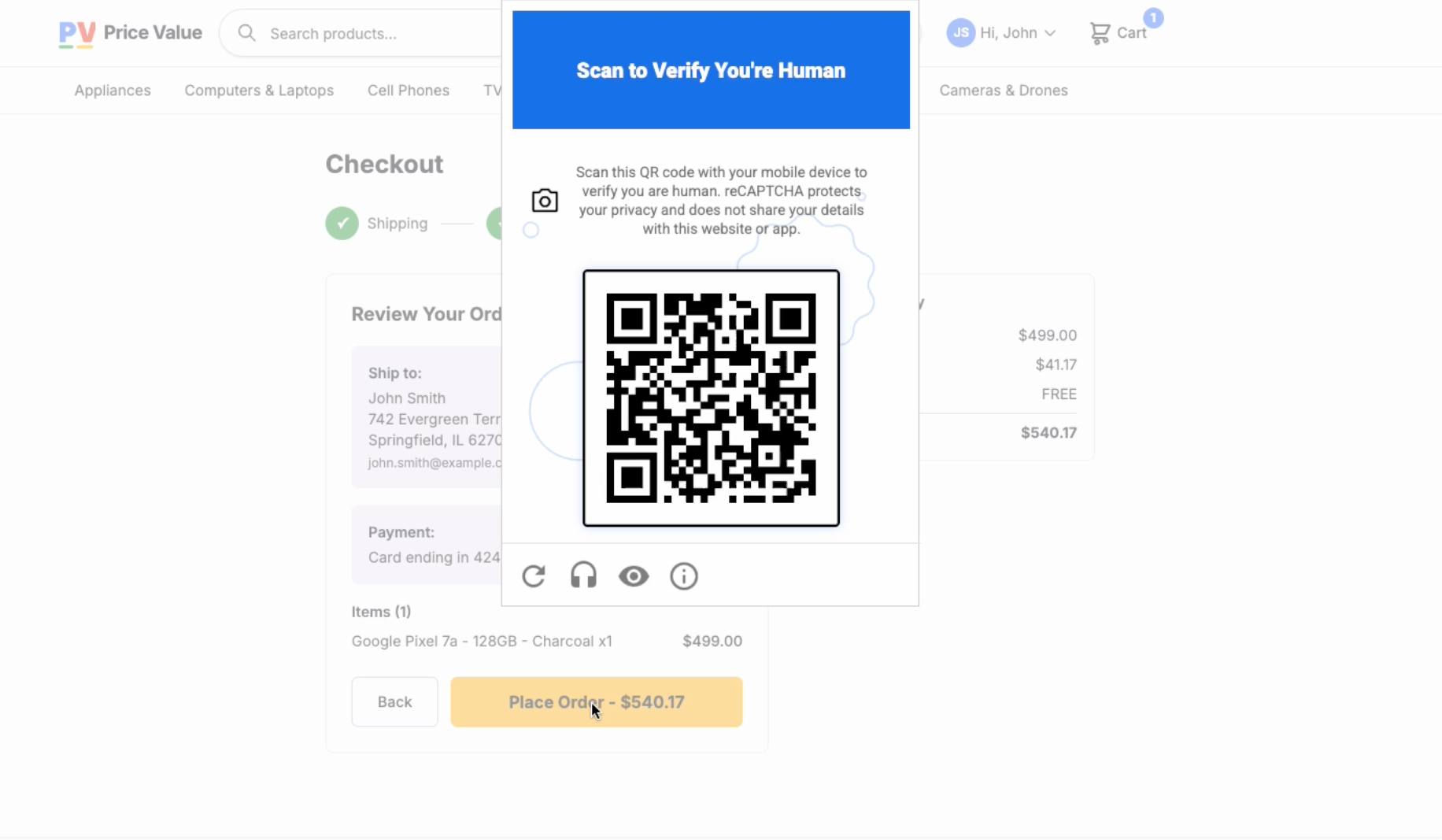 An image of a demo shop checkout page by Google, with ReCaptcha modal popup on top, instructing to "Scan to Verify You're Human" There's only a QR code