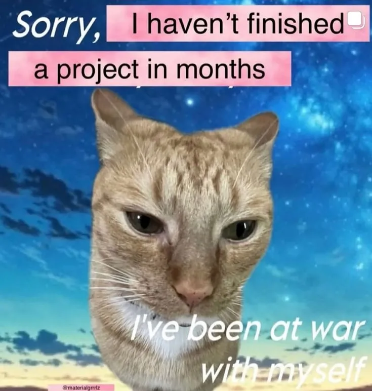demotivational cat meme, an orange tabby with neutral eyes looking past the viewer top text: "Sorry, I havent finished a project in months"  bottom text: "I've been at war with myself"