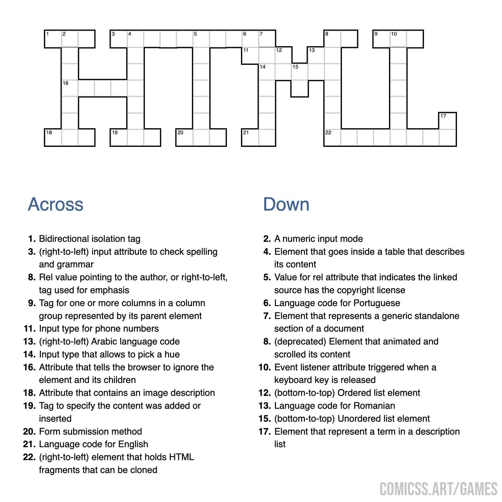 Crossword with the shape of a serif HTML word. And the across and down clues below it.