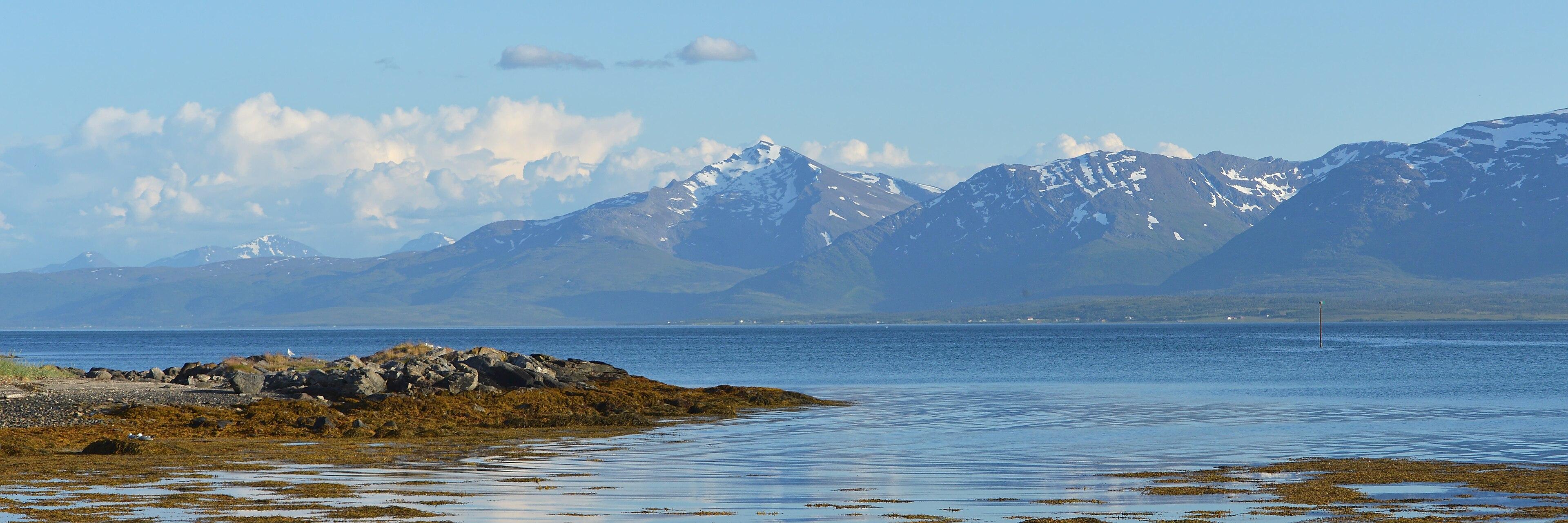 A panoramic photo of a strait with mountains on the far shore. There's some seaweed in the water by the near shore. The sky is pale blue with some low white clouds in it.