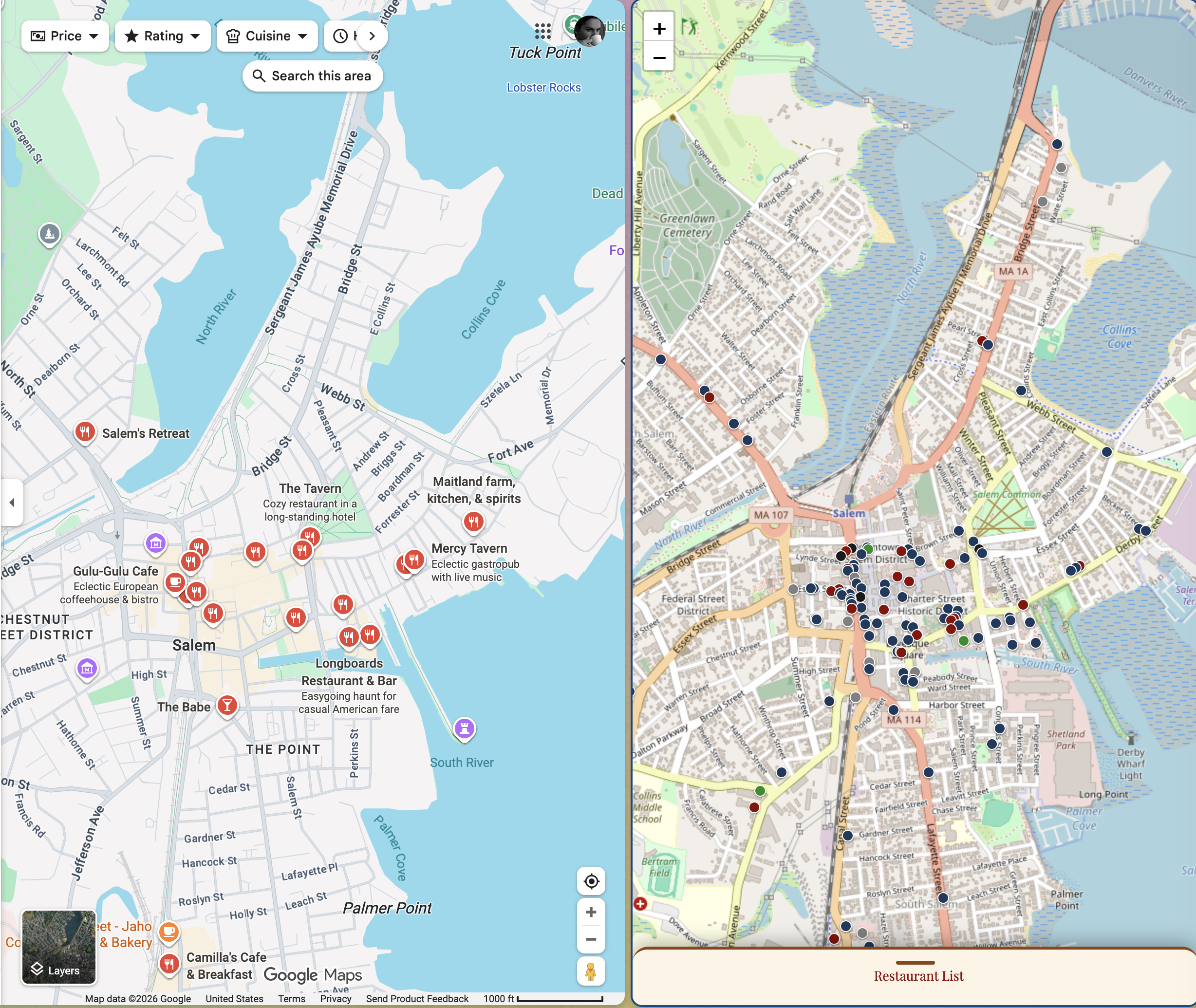 Google maps and salem.community map next to each other. Google has twenty or so restaurants showing. The reality is more like 60 or 70.