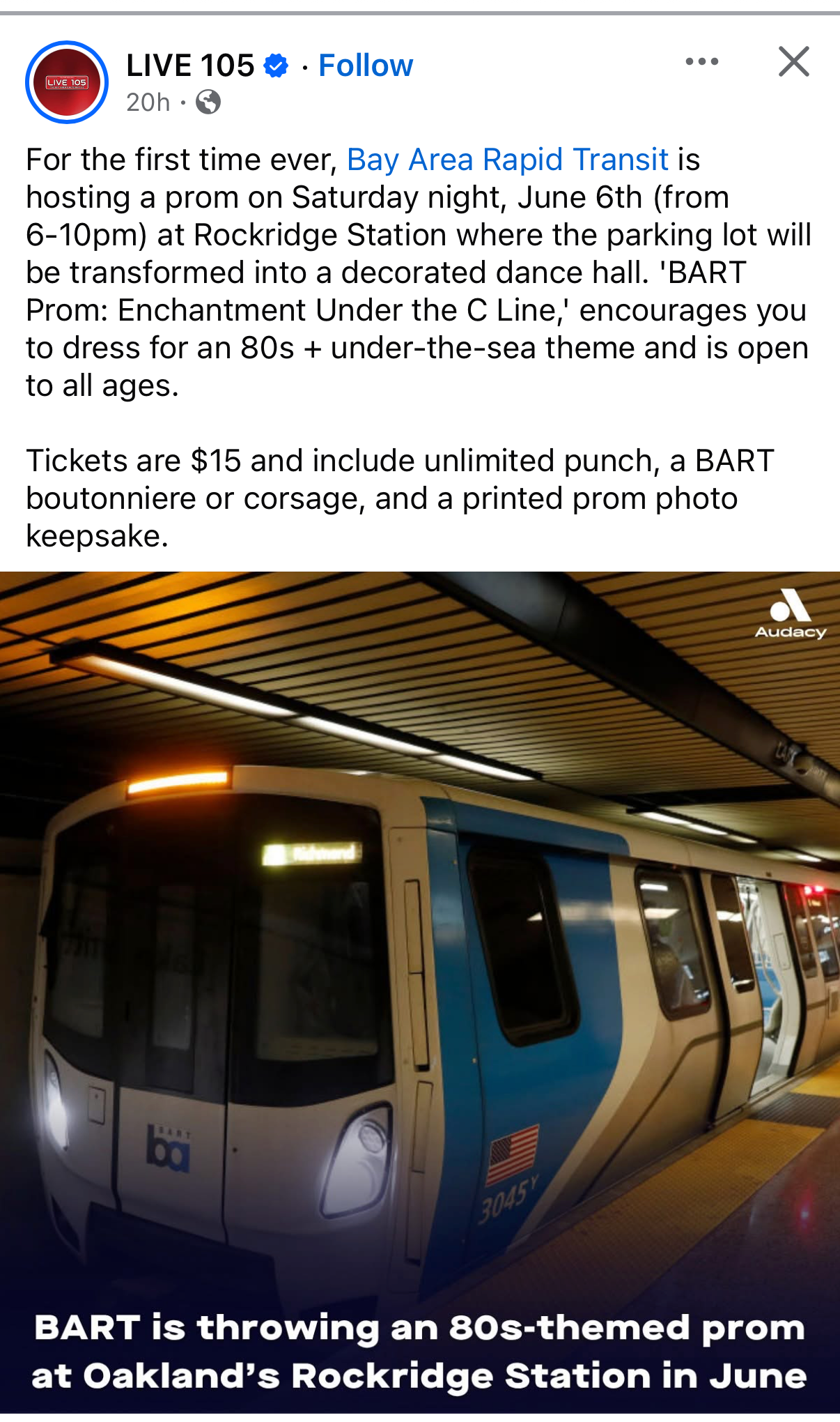 Screenshot of an Instagram post reading: For the first time ever, Bay Area Rapid Transit is hosting a prom on Saturday night, June 6th (from 6-10pm) at Rockridge Station where the parking lot will be transformed into a decorated dance hall. 'BART Prom: Enchantment Under the C Line,' encourages you to dress for an 80s + under-the-sea theme and is open to all ages. Tickets are $15 and include unlimited punch, a BART boutonniere or corsage, and a printed prom photo keepsake.